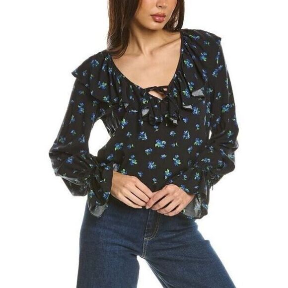 WeWoreWhat WWDT54-1 Women's Sz Medium Black Multi Watercolor Ditsy Ruffle Blouse - Picture 8 of 9